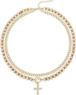 Layered Necklaces for Women, 14K Gold Plated Cross Pendant & Colorful Beaded Gemstone Choker, Cute Trendy Jewelry, Anti-Tangle Single Clasp, Summer...