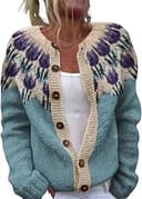 Fair Isle Cardigan Sweaters for Women Crew Neck Loose Fit Button Up Chunky Sweater Open Front Casual Fall Knit Jacket