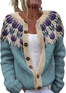Fair Isle Cardigan Sweaters for Women Crew Neck Loose Fit Button Up Chunky Sweater Open Front Casual Fall Knit Jacket
