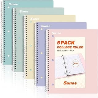 SUNEE Spiral Notebooks, 1-Subject, 5 Pack, College Ruled Paper, 8" x 10-1/2", 70 Sheets per Notebook,3-Hole Punched Paper, Pink,Purple, Blue, Green...