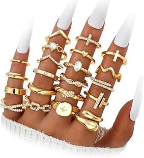 Gold Stackable Rings Set for Women, Gold Plated Chunky Crystal Finger Midi Stacking Rings, Dainty Statement Thumb Knuckle Rings Pack for Gift, Mult...