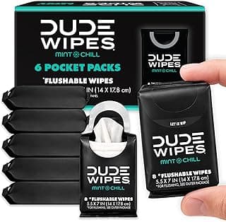 DUDE Wipes Mint Chill Pocket Packs, Adult Flushable Travel Wipes, 48 Count | 6 pocket packs of 8 flushable butt wipes. Travel essentials. 99% water...