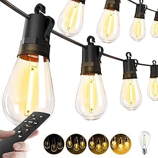Outdoor String Lights Patio LED - Light Outside 50Ft 15M Waterproof Remote Dimmable S14 Porch Lighting Edison Plastic Bulb Pergola Hanging Balcony ...