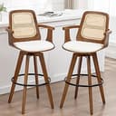 Bar Stools Set of 2, 29.7" Bar Height 360° Swivel Stools with Ergonomic Rattan Back, Faux Leather Seat, Bamboo Legs with Walnut Finish, Mid-Century...