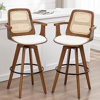 Bar Stools Set of 2, 29.7" Bar Height 360° Swivel Stools with Ergonomic Rattan Back, Faux Leather Seat, Bamboo Legs with Walnut Finish, Mid-Century...