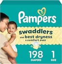 Pampers Swaddlers Diapers, Size 1 (8-14 lbs), 198 Count, Absorbent, Keeps Baby Dry and Comfortable, Skin Safe Disposable Baby Diaper (Packaging May...