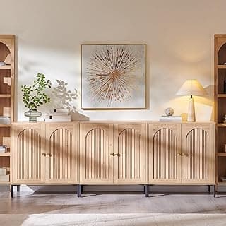 IFGET 92.63" W Modern Arched Sideboard Buffet Cabinet with Storage, Natural | Fluted Arch Sideboard Cabinet w/Adjustable Shelves, Wooden Modular Ki...