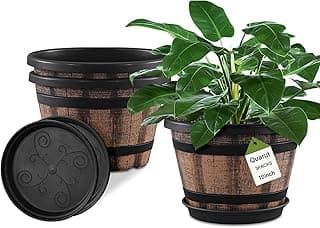 Quarut 3 Pack 10 inch Plant Pots,Whiskey Barrel Planters with Drainage Holes & Saucer, Plastic Decoration Flower Pots Imitation Wine Barrel Design,...