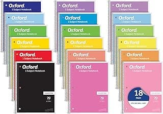Oxford Spiral Notebooks, 18 Count Bulk Pack, 1 Subject, College Ruled Notebooks for School, 8 x 10.5 Inches, 70 Sheets, Assorted Colors, Back to Sc...