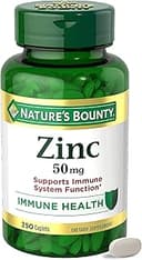 Nature’s Bounty Zinc 50mg, Immune Support & Antioxidant Supplement, Promotes Skin Health, 1 Caplet Per Day, Gluten Free, 250 Vegetarian Caplets