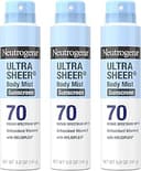 Neutrogena Ultra Sheer Body Mist Sunscreen Spray, Broad Spectrum SPF 70, Lightweight Spray Sunscreen, Non-Greasy & Water Resistant, Oil-Free & Non-Comedogenic UVA/UVB, 5 oz, Pack of 3