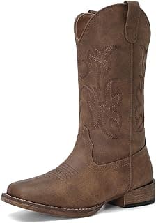 Cowboy Cowgirl Boots for Women Wide Square Toe Western Mid Calf Pull-On Embroidered Stitched Retro Boots