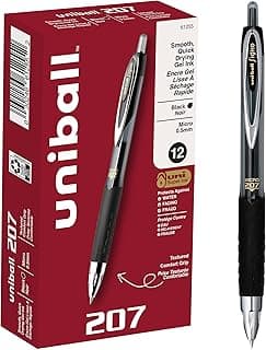 uniball 207 Retractable Gel Pens, Micro Point (0.5mm), Black, 12 Pack
