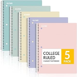 SUNEE Spiral Notebooks, 1-Subject, 5 Pack, College Ruled Paper, 8" x 10-1/2", 70 Sheets per Notebook,3-Hole Punched Paper, Pink,Purple, Blue, Green...