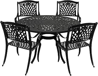 Oakland Living Modern Ornate Outdoor Mesh Aluminum 48-in Black Round Patio Dining Set with Four Chairs