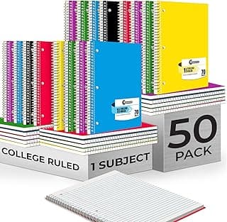 Rosmonde 50 Pack, 1 Subject Spiral Notebook College Ruled Bulk, 140 Pages (70 Sheets), Thick No-Bleed Paper, 8 x 10-1/2", 3 Hole Punched, College R...