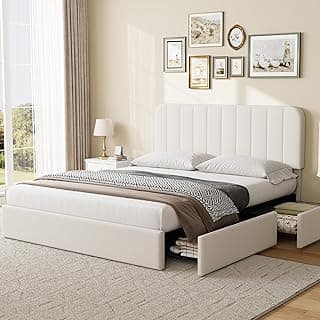 Garvee Queen Size Bed Frame with 4 Drawers, Upholstered Velvet Platform Bed with Height Adjustable Headboard, Wooden Slats Support, No Box Spring N...