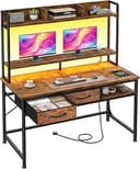 39.4"Office Desk with 2Drawers&Hutch,Computer Desk with Storage Rack&Monitor Stand,Gaming desk with LED&Power Outlet,Modern Study Writing Desk for Bedroom Home Office,Small Space,Rustic Brown