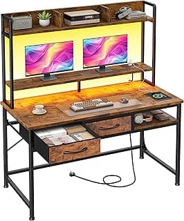 39.4"Office Desk with 2Drawers&Hutch,Computer Desk with Storage Rack&Monitor Stand,Gaming desk with LED&Power Outlet,Modern Study Writing Desk for ...