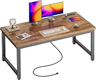 Huuger 55 x 24 inch Desk with Power Outlets & USB-C, Deeper & Thicker Desktop, Robust Metal Tubes, Computer Desk, Heavy Duty Office Desk, Work Gami...