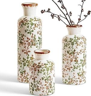 LE TAUCI Ceramic Vase Set of 3, Vintage Botanical Flower Vases for Fresh or Dried Flowers, Cottagecore Home Decor for Coffee Table, Mantel, Shelf, ...