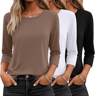 3 Pack 3/4 Sleeve Tops for Women Round Neck Dressy Basics Tees Casual Trendy Loose Fit T Shirts