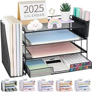 OPNICE Desk Organizer, 4-Tier Desktop File Organizer with Drawer and 2 Pen Holders, Office Desk Accessories, File Sorters, Workspace Organizers for...