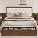 Queen Bed Frame with 2 Storage Drawers, Mid-Century Modern Platform Bed with Upholstered Button Tufted Headboard, Metal Support, No Box Spring Needed