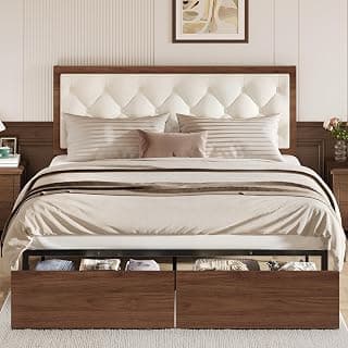 Queen Bed Frame with 2 Storage Drawers, Mid-Century Modern Platform Bed with Upholstered Button Tufted Headboard, Metal Support, No Box Spring Needed