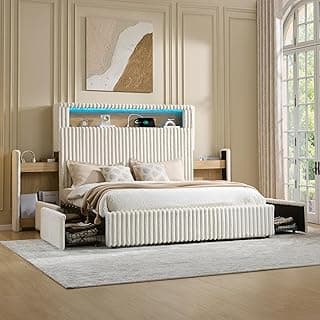 AMERLIFE Queen Size Upholstered Storage Bed Frame with Drawers, Faux Fur Headboard with LED Lights, USB & Outlet Charging, Platform Design, Cream