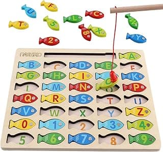 Magnetic Wooden Fishing Game Toy for Preschoolers, Alphabet Fish Catching Counting Games Puzzle with Numbers and Letters, Preschool Learning ABC an...
