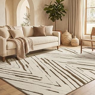 5x7 Area Rug for Living Room, Washable Cream Brown Bedroom Rug | Washable Modern Minimalist Rug for Bedroom, Living Room, and Office with Abstract ...