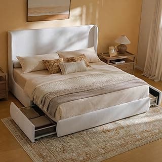 RECCI King Upholstered Wingback Bed Frame with Storage Drawers, 52” Tall Cushioned Headboard, Soft Edges, Low Profile Platform Bed, Sturdy Wood Sla...
