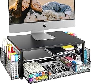 OPNICE Desk Organizer and Accessories, 2-Tier Computer Monitor Stand Riser with Drawer and 2 Pen Holders, Laptop Stand, Office Desk Accessories for...