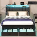 Queen Bed Frames with Storage Drawer, Platform Bed with Charging Station and LED Lights, Upholstered Headboard with 2-Tier Storage Shelves, No Box ...