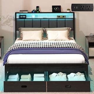 Queen Bed Frames with Storage Drawer, Platform Bed with Charging Station and LED Lights, Upholstered Headboard with 2-Tier Storage Shelves, No Box ...