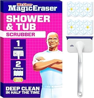 Mr. Clean Magic Eraser Shower & Tub Scrubber, Bathroom Cleaner, All in One Bathroom Cleaner, Lemon Starter Kit, 1 Scrubber & 2 Foaming Magic Erasers