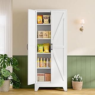 RAVIGIN Farmhouse Storage Cabinet,75" H Metal Pantry Cabinet with Barn Doors and Adjustable Shelves,75" H 6-Tier Rustic Pantry Organizers for Kitch...