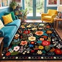 Floral Nursery 5x7 Area Rugs Washable Print Boho Cute Carpet Non Slip Flower Low Pile for Living Room Kids Girls Playroom Bedroom Kitchen Office Farmhouse-Black