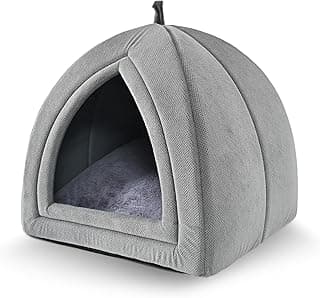 Amazon Basics Cat Cave Bed, 2-in-1 Foldable House for Indoor Cats, with Washable Cushion and Non-Slip Base, 17.5 x 17.5 Inches, Large, LightGray