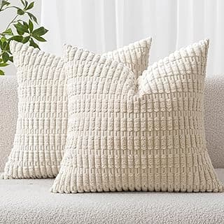 MIULEE Corduroy Decorative Throw Pillow Covers 18x18 Cream White Pack of 2 | Soft Boho Striped Pillow Covers Modern Farmhouse Home Decor For Sofa L...