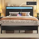 Fluest Queen Bed Frame with Headboard & Footboard, Bed Frame with Built-in Charging Station & LED Light, Storage Shelf, Noise-Free, No Box Spring N...