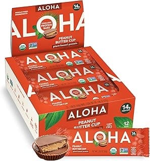 ALOHA Organic Plant Based Protein Bars - Peanut Butter Cup Bar - 12 Bars, Vegan, Low Sugar, Gluten-Free, Low Carb, Non-GMO, No Stevia, No Erythritol