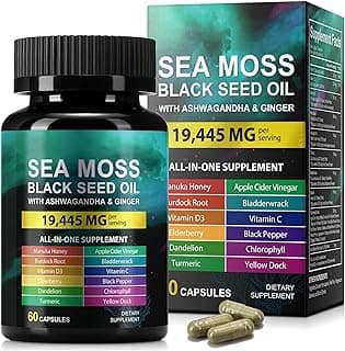 Sea Moss Black Seed Oil Ashwagandha Ginger, Sea Moss Capsule Supplement with Turmeric Burdock Root Bladderwrack Vitamin C Vitamin D3 Enhanced Immun...