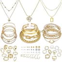 Gold Plated Jewelry Set for Women,14k Gold Plated Multi Layer Necklaces Stackable Bangle Bracelets Stackable Knuckle Rings Hoop Earrings Set Annive...