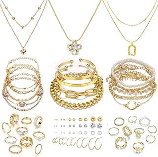 Gold Plated Jewelry Set for Women,14k Gold Plated Multi Layer Necklaces Stackable Bangle Bracelets Stackable Knuckle Rings Hoop Earrings Set Annive...