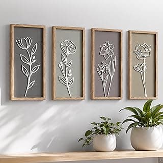 3D Wooden Floral Bathroom Wall Decor (Set of 4) Lightweight, Ready-to-Hang Framed Wall Art For Living Room, Bedroom, or Office - Premium Boho Botan...