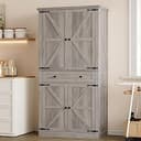 BORNOON Pantry Organizers and Storage Cabinet, 70” Barn Door White Kitchen Cabinet with Drawers and Adjustable Shelf, Tall Pantry for Kitchen, Dini...