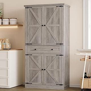 BORNOON Pantry Organizers and Storage Cabinet, 70” Barn Door White Kitchen Cabinet with Drawers and Adjustable Shelf, Tall Pantry for Kitchen, Dini...