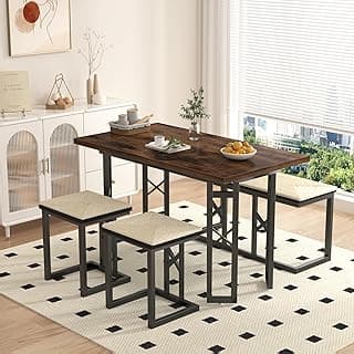 VECELO 43.3" Kitchen & Dining Table Set for 4, Rustic Farmhouse Style with 3 Benches and Wicker Cushions, Compact Metal Frame with Adjustable Foot ...